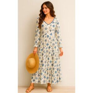 Skemo Maxi Dress Blue Floral Mandala Long Sleeve Retails $219 NWT Size S